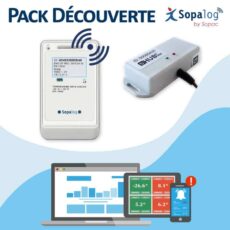 Pack découverte SOPALOG RF avec un hub, un enregistreur et une image du logiciel et de l'application sur smartphone.